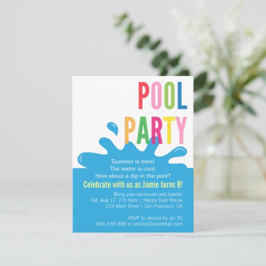 Modern Summer Birthday Pool Party Invitations Kaart (Staand voorkant)