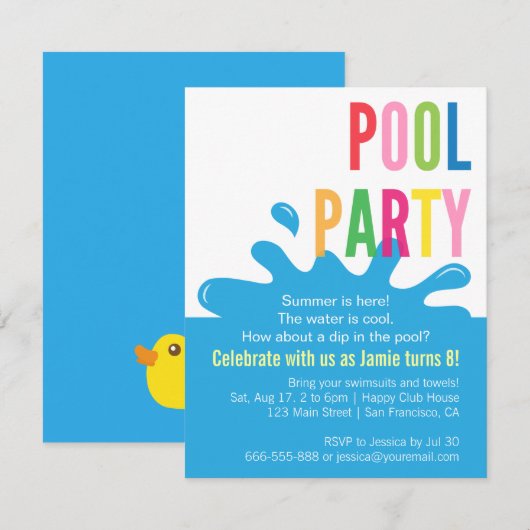 Modern Summer Birthday Pool Party Invitations Kaart (Voorkant / Achterkant)