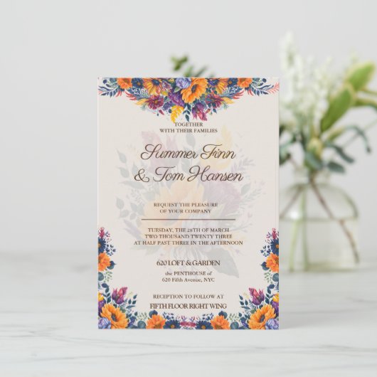 Modern Summer Floral bruiloft Invitation Kaart (Staand voorkant)