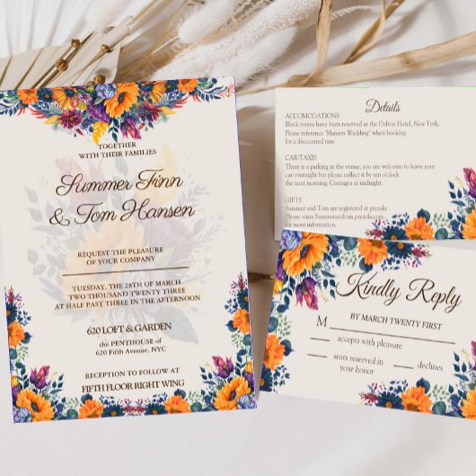 Modern Summer Floral bruiloft Invitation Kaart