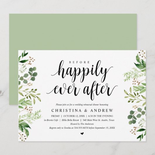 Modern Summer Greenery, Wedding Rehearsal Dinner Kaart (Voorkant / Achterkant)