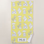 Modern Summer Line Drawings on Yellow Monogram Strandlaken (Voorkant)