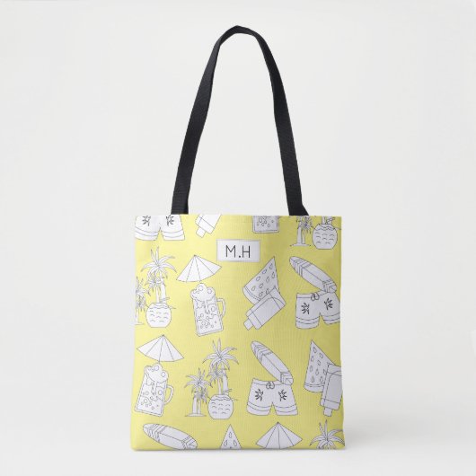 Modern Summer Line Drawings on Yellow Monogram Tote Bag (Voorkant)