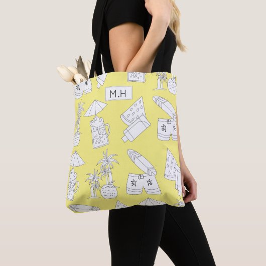 Modern Summer Line Drawings on Yellow Monogram Tote Bag (Dichtbij)