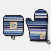 Modern Summer Navy Blue Boat Stripes Collectie Ovenwant & Pannenlap Set (Voorkant)