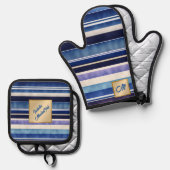 Modern Summer Navy Blue Boat Stripes Collectie Ovenwant & Pannenlap Set (Voorkant / Achterkant)