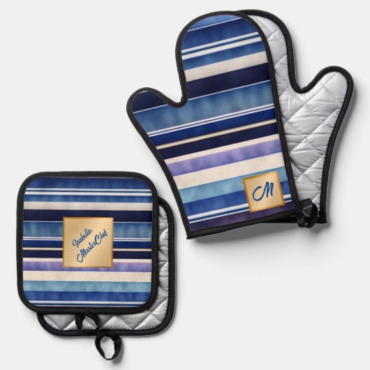 Modern Summer Navy Blue Boat Stripes Collectie Ovenwant & Pannenlap Set (Voorkant / Achterkant)