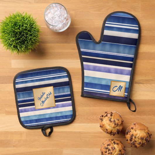Modern Summer Navy Blue Boat Stripes Collectie Ovenwant & Pannenlap Set (Top down)