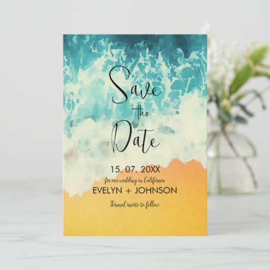 Modern Summer Ocean Beach Wedding Save the Date (Staand voorkant)