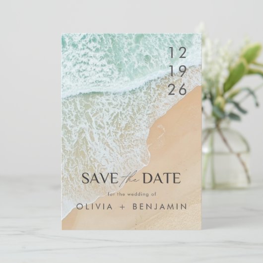 Modern Summer Ocean Beach Wedding Save the Date Kaart (Staand voorkant)