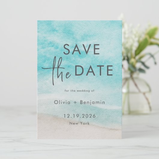 Modern Summer Ocean Beach Wedding Save the Date Kaart (Staand voorkant)