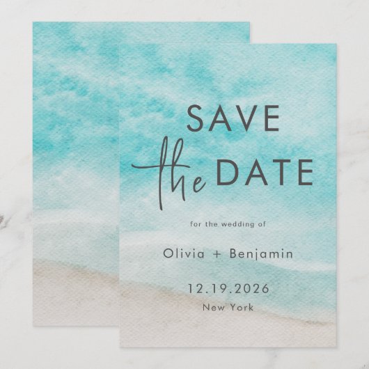 Modern Summer Ocean Beach Wedding Save the Date Kaart (Voorkant / Achterkant)