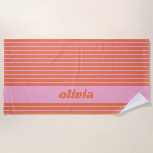 Modern Summer Pink Orange Striped Personalized  Strandlaken (Voorkant)