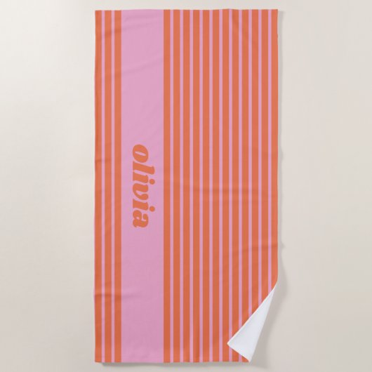 Modern Summer Pink Orange Striped Personalized  Strandlaken (Voorkant)