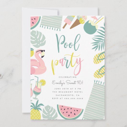 Modern Summer Pool Party Script Sweet 16 Birthday Kaart (Voorkant)