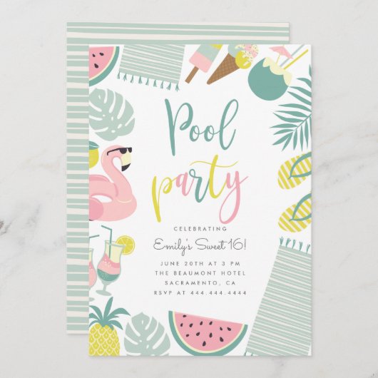 Modern Summer Pool Party Script Sweet 16 Birthday Kaart (Voorkant / Achterkant)