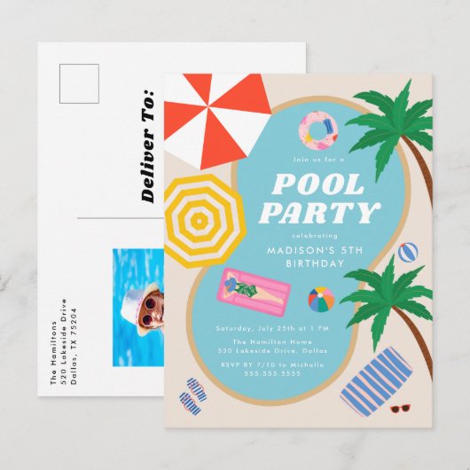Modern Summer Pool Party Swimming Birthday Uitnodiging Briefkaart (Voorkant / Achterkant)