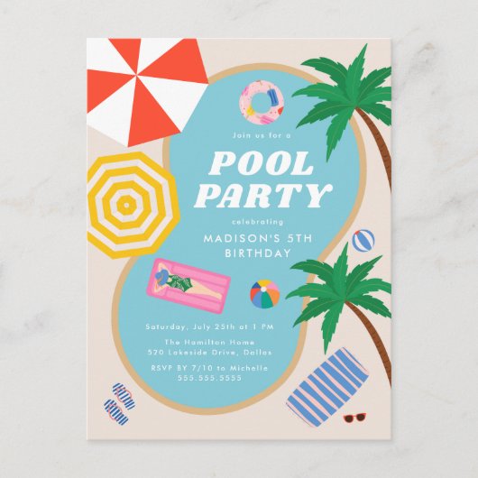 Modern Summer Pool Party Swimming Birthday Uitnodiging Briefkaart (Voorkant)