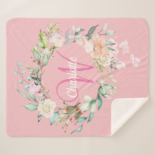 Modern Summer Rozen roze Initiaal Monogram Sherpa Deken (Voorkant (horizontaal))
