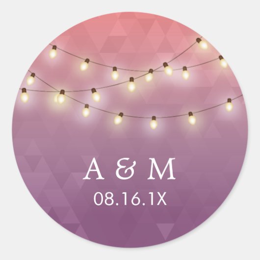 Modern Summer String Lights Paars Wedding Favor Ronde Sticker (Voorkant)