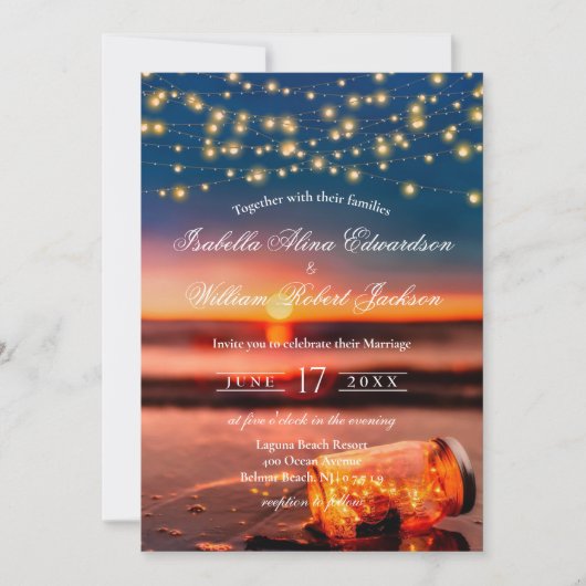 Modern Summer Sunset Beach Mason Jar Wedding Kaart (Voorkant)