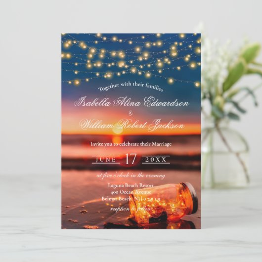 Modern Summer Sunset Beach Mason Jar Wedding Kaart (Staand voorkant)