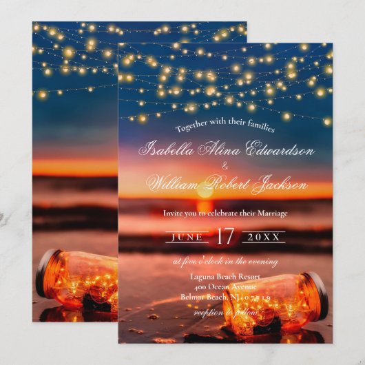Modern Summer Sunset Beach Mason Jar Wedding Kaart (Voorkant / Achterkant)