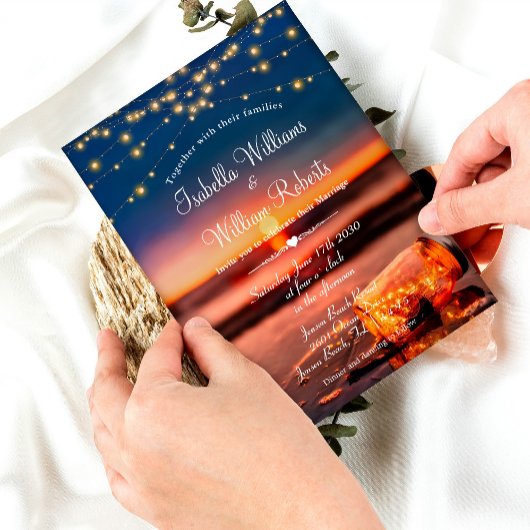 Modern Summer Sunset Beach Mason Jar Wedding Kaart