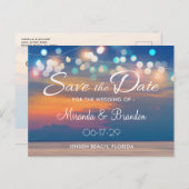 Modern Summer Sunset String Lights Beach Wedding Aankondigingskaart (Voorkant / Achterkant)