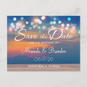 Modern Summer Sunset String Lights Beach Wedding Aankondigingskaart (Voorkant)