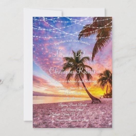 Modern Summer Sunset String Lights Beach Wedding Kaart (Voorkant)