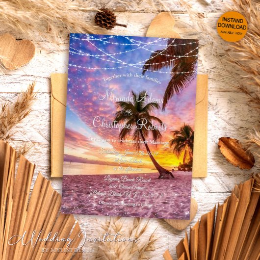 Modern Summer Sunset String Lights Beach Wedding Kaart