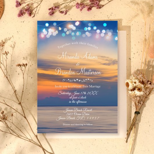 Modern Summer Sunset String Lights Beach Wedding Kaart