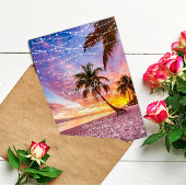 Modern Summer Sunset String Lights Beach Wedding Kaart