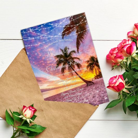 Modern Summer Sunset String Lights Beach Wedding Kaart