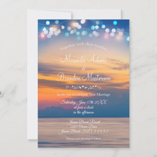 Modern Summer Sunset String Lights Beach Wedding Kaart (Voorkant)