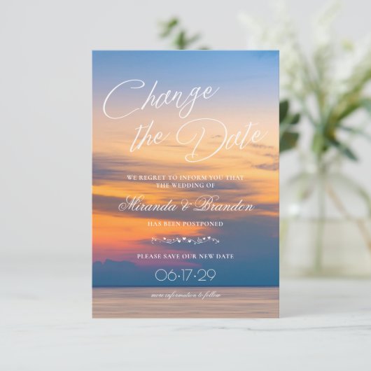 Modern Summer Sunset verander de date Beach Weddin Save The Date (Staand voorkant)