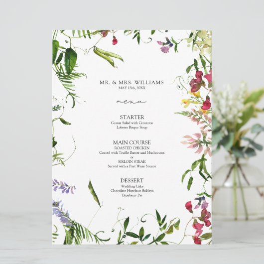 Modern Summer Wildflower Calligraphy Wedding Menu (Staand voorkant)