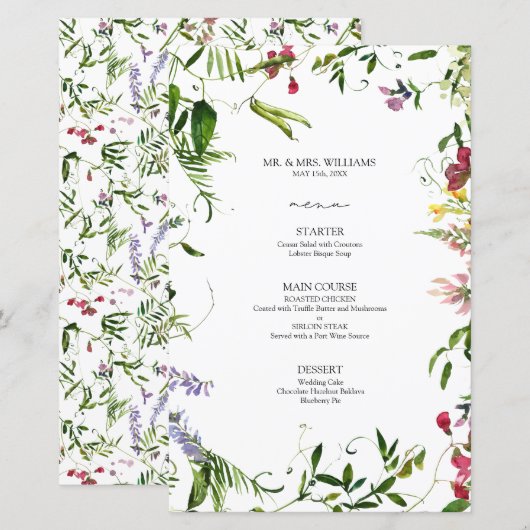 Modern Summer Wildflower Calligraphy Wedding Menu (Voorkant / Achterkant)