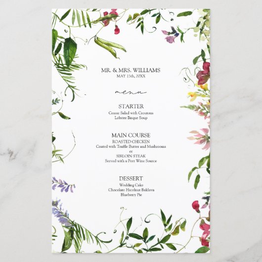 Modern Summer Wildflower Calligraphy Wedding Menu (Voorkant)