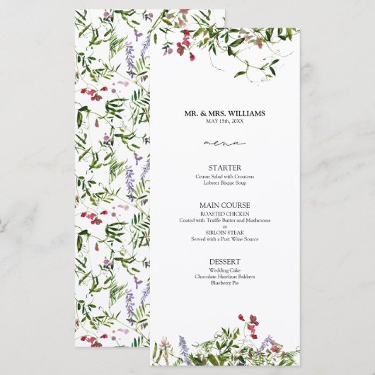 Modern Summer Wildflower Calligraphy Wedding Menu (Voorkant / Achterkant)
