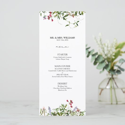 Modern Summer Wildflower Calligraphy Wedding Menu (Staand voorkant)