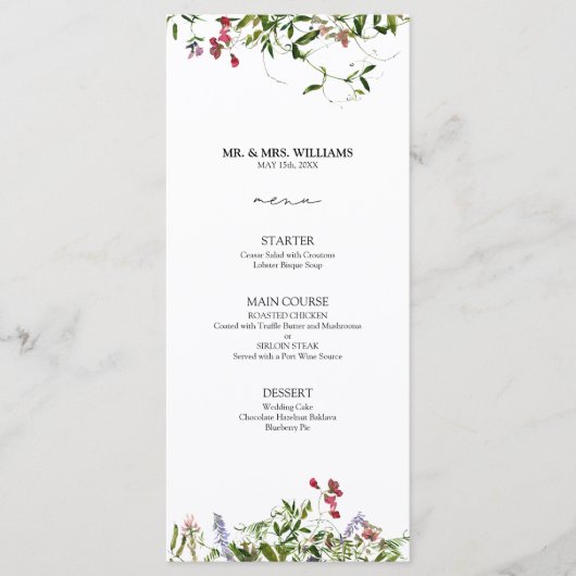 Modern Summer Wildflower Calligraphy Wedding Menu (Voorkant)