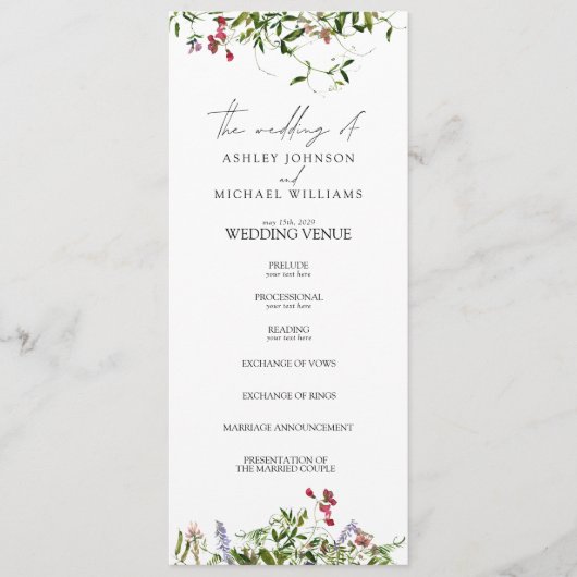 Modern Summer Wildflower Calligraphy Wedding Programmakaart (Voorkant)