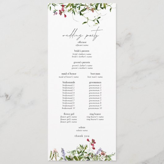 Modern Summer Wildflower Calligraphy Wedding Programmakaart (Achterkant)