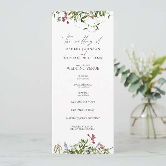 Modern Summer Wildflower Calligraphy Wedding Programmakaart (Staand voorkant)