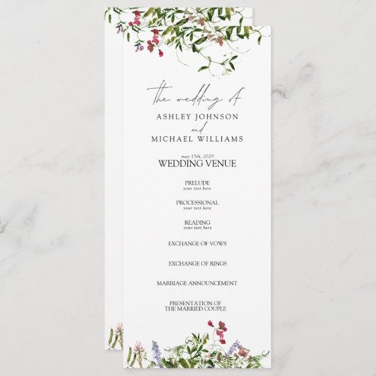 Modern Summer Wildflower Calligraphy Wedding Programmakaart (Voorkant / Achterkant)