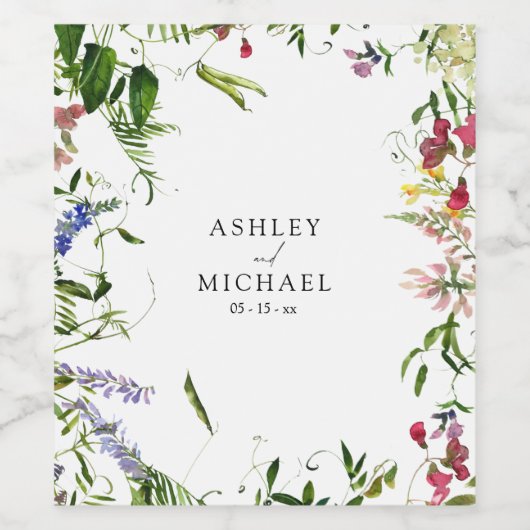Modern Summer Wildflower Calligraphy Wedding Wijn Etiket (Enkel label)