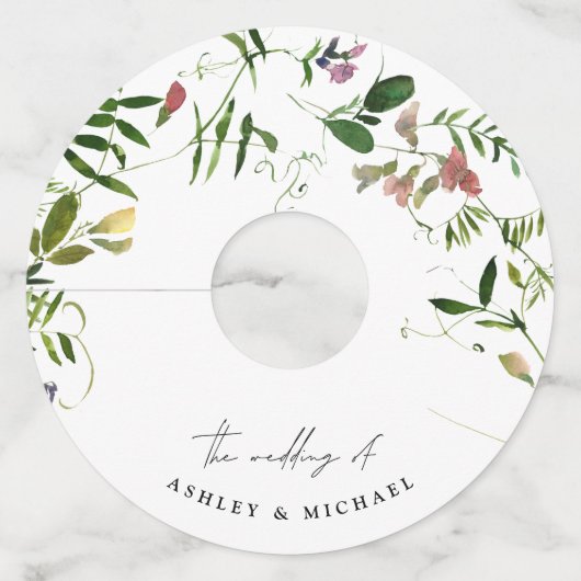 Modern Summer Wildflower Calligraphy Wedding Wijnglaslabel (Voorkant)