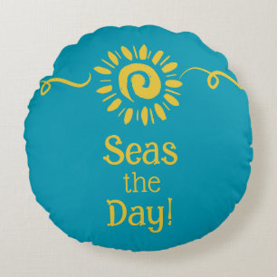 Modern Sun Blue Yellow Beach House Zeeen Day Quote Rond Kussen